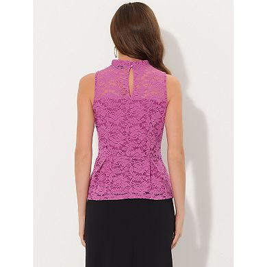 Women's Lace Floral Ruffle Neck Keyhole Back Sleeveless Peplum Top