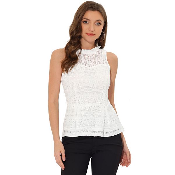 Women's Lace Floral Ruffle Neck Keyhole Back Sleeveless Peplum Top