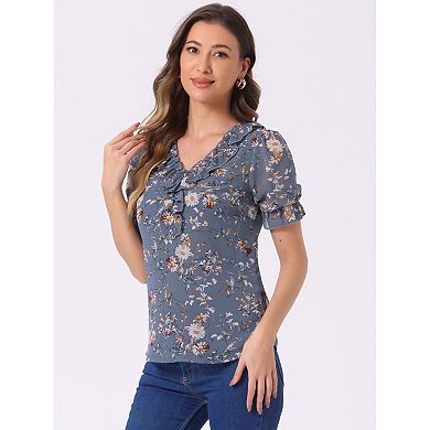 Floral Blouse For Women's Ruffle V Neck Short Sleeve Top