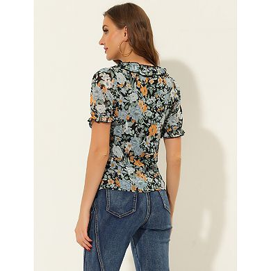 Floral Blouse for Women's Ruffle V Neck Puff Short Sleeve Top