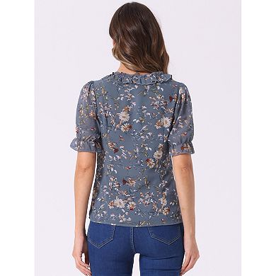 Floral Blouse For Women's Ruffle V Neck Short Sleeve Top