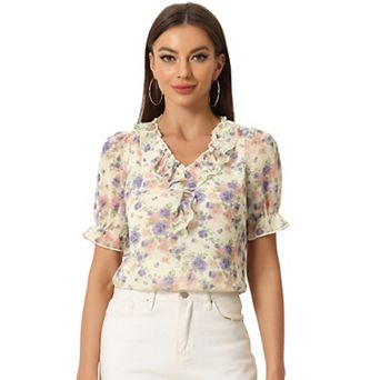 Floral Blouse For Women's Ruffle V Neck Short Sleeve Top