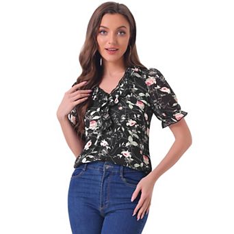 Floral Blouse For Women's Ruffle V Neck Short Sleeve Top
