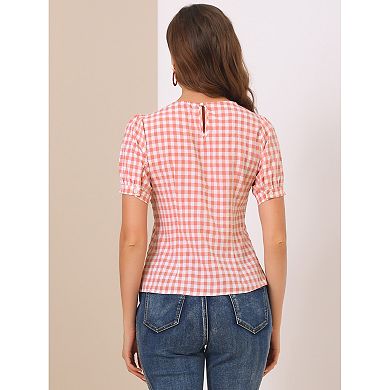 Vintage Blouse For Women's Plaid Crew Neck Short Sleeve Casual Gingham Tops