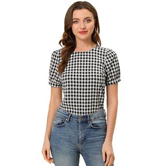 Vintage Blouse For Women's Plaid Crew Neck Short Sleeve Casual Gingham Tops