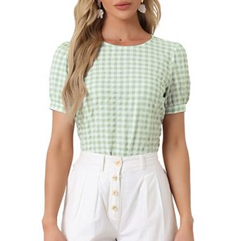 Vintage Blouse For Women's Plaid Crew Neck Short Sleeve Casual Gingham Tops