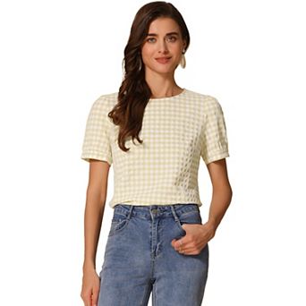Vintage Blouse For Women's Plaid Crew Neck Short Sleeve Casual Gingham Tops