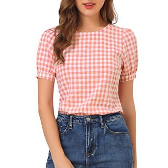 Vintage Blouse For Women's Plaid Crew Neck Short Sleeve Casual Gingham Tops