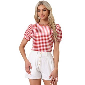 Vintage Blouse For Women's Plaid Crew Neck Short Sleeve Casual Gingham Tops
