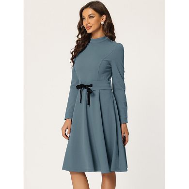 Women's Elegant Mock Neck Long Sleeve Self Tie Waist Knit Midi Dress