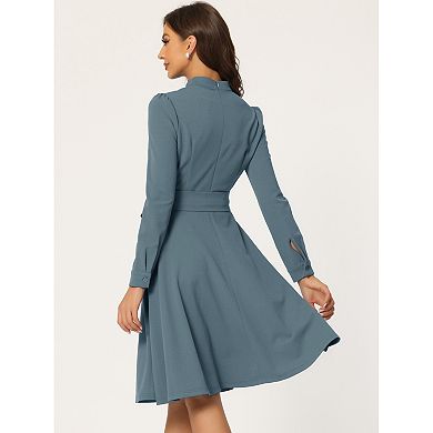 Women's Elegant Mock Neck Long Sleeve Self Tie Waist Knit Midi Dress