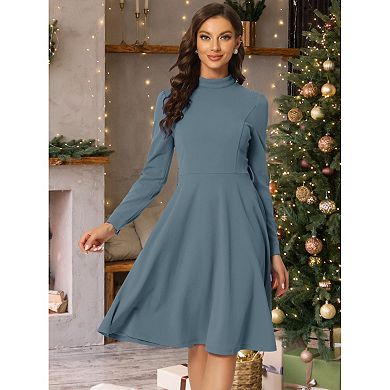 Women's Elegant Mock Neck Long Sleeve Self Tie Waist Knit Midi Dress