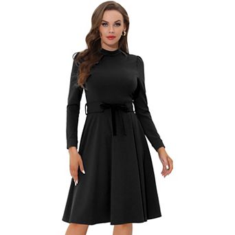 Women's Elegant Mock Neck Long Sleeve Self Tie Waist Knit Midi Dress