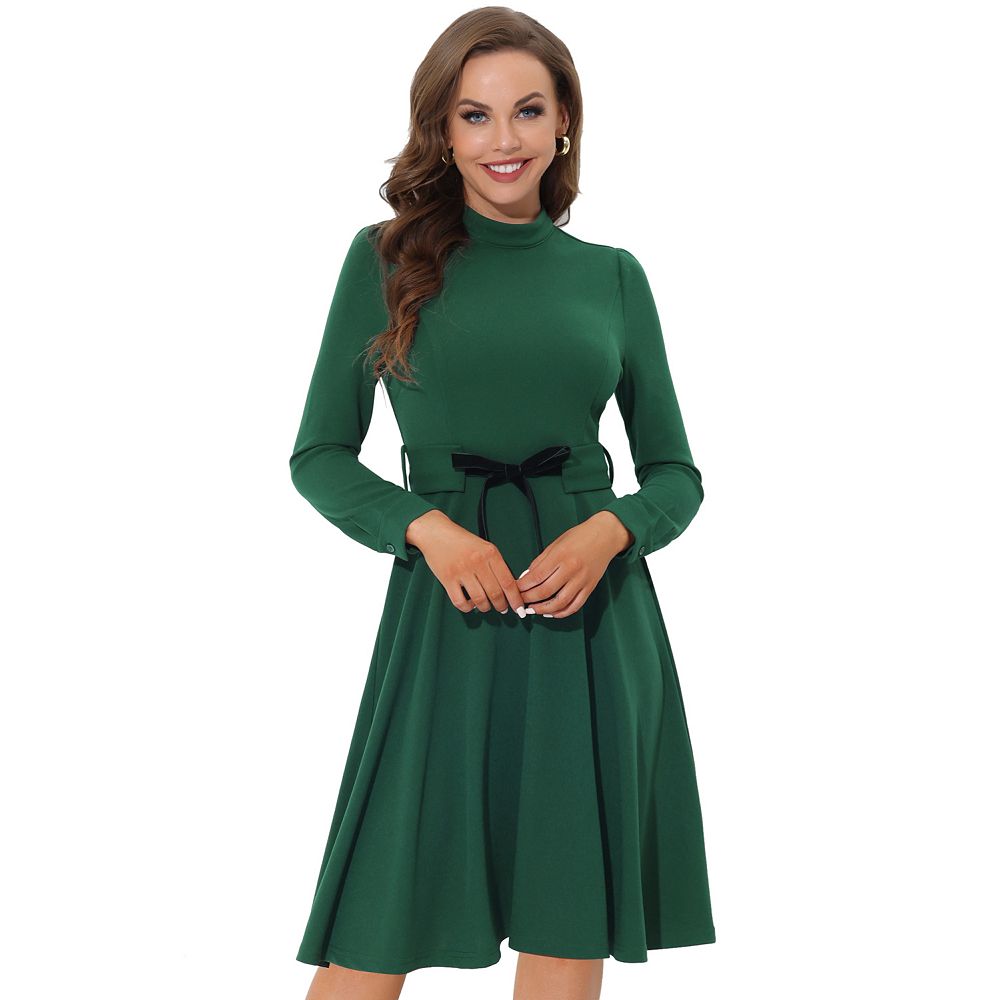 Printed Tie Waist Mock Neck Lantern Sleeve Dress