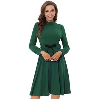 Women's Elegant Mock Neck Long Sleeve Self Tie Waist Knit Midi Dress