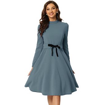 Women's Elegant Mock Neck Long Sleeve Self Tie Waist Knit Midi Dress
