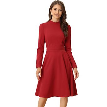 Women's Elegant Mock Neck Long Sleeve Self Tie Waist Knit Midi Dress
