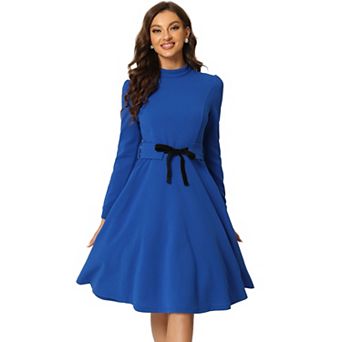 Women's Elegant Mock Neck Long Sleeve Self Tie Waist Knit Midi Dress