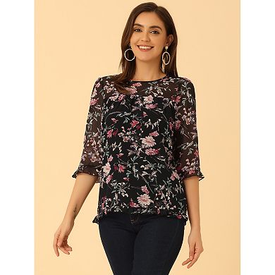 Women's Casual Ruffle 3/4 Sleeve Floral Print Chiffon Blouse