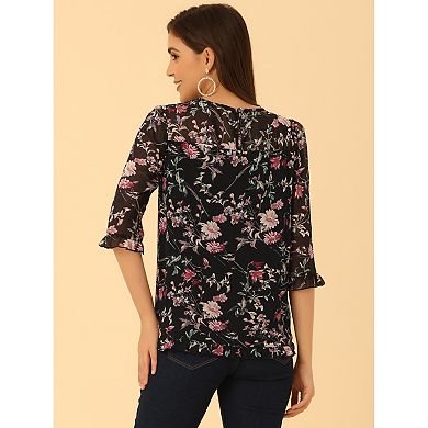 Women's Casual Ruffle 3/4 Sleeve Floral Print Chiffon Blouse