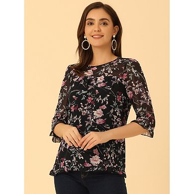 Women's Casual Ruffle 3/4 Sleeve Floral Print Chiffon Blouse