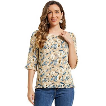 Women's Casual Ruffle 3/4 Sleeve Floral Print Chiffon Blouse