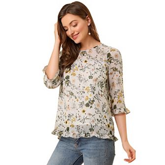 Women's Casual Ruffle 3/4 Sleeve Floral Print Chiffon Blouse