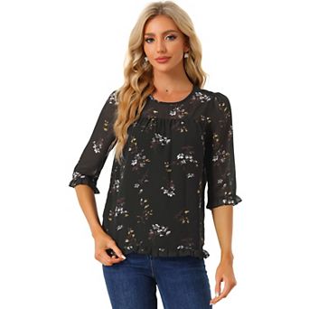 Women's Casual Ruffle 3/4 Sleeve Floral Print Chiffon Blouse