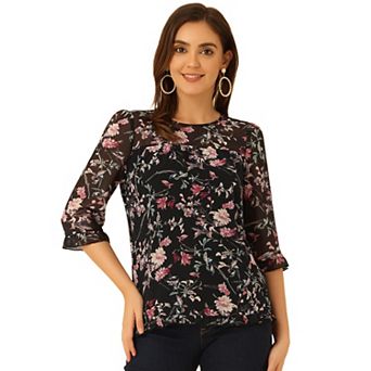 Women's Casual Ruffle 3/4 Sleeve Floral Print Chiffon Blouse