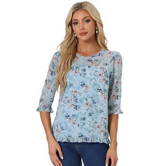 Women's Casual Ruffle 3/4 Sleeve Floral Print Chiffon Blouse