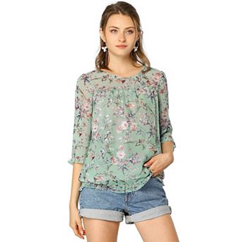 Women's Casual Ruffle 3/4 Sleeve Floral Print Chiffon Blouse