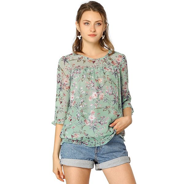 Green Floral Cottage Chiffon Blouse