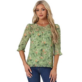 Women's Casual Ruffle 3/4 Sleeve Floral Print Chiffon Blouse