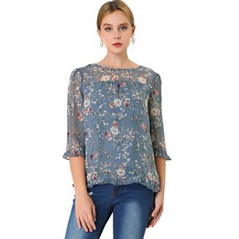 Women's Casual Ruffle 3/4 Sleeve Floral Print Chiffon Blouse