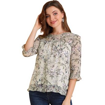 Women's Casual Ruffle 3/4 Sleeve Floral Print Chiffon Blouse