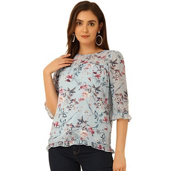 Women's Casual Ruffle 3/4 Sleeve Floral Print Chiffon Blouse