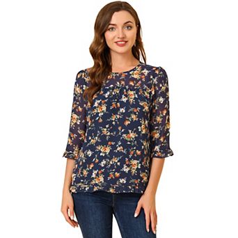Women's Casual Ruffle 3/4 Sleeve Floral Print Chiffon Blouse
