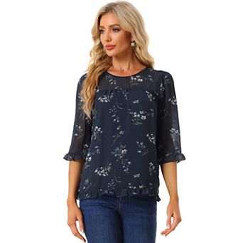 Women's Casual Ruffle 3/4 Sleeve Floral Print Chiffon Blouse