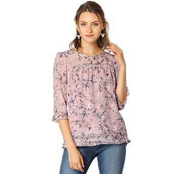 Women's Casual Ruffle 3/4 Sleeve Floral Print Chiffon Blouse