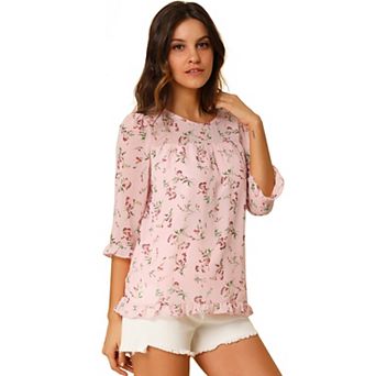 Women's Casual Ruffle 3/4 Sleeve Floral Print Chiffon Blouse