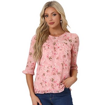 Women's Casual Ruffle 3/4 Sleeve Floral Print Chiffon Blouse