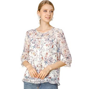 Women's Casual Ruffle 3/4 Sleeve Floral Print Chiffon Blouse