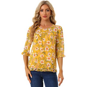 Women's Casual Ruffle 3/4 Sleeve Floral Print Chiffon Blouse