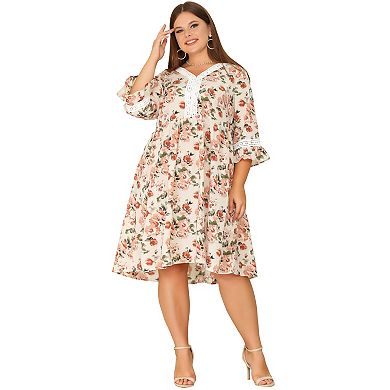 Women's Plus Size V Neck 3/4 Sleeves Lace Floral Babydoll Dress