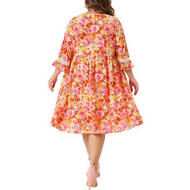 Women's Plus Size V Neck 3/4 Sleeves Lace Floral Babydoll Dress