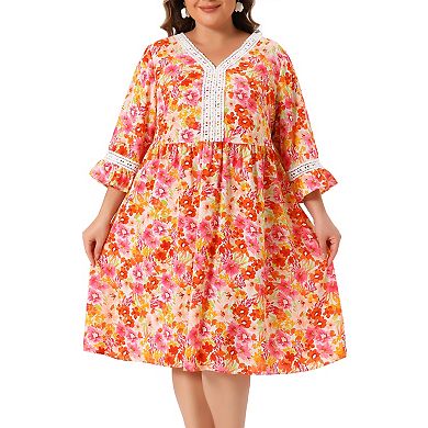 Women's Plus Size V Neck 3/4 Sleeves Lace Floral Babydoll Dress