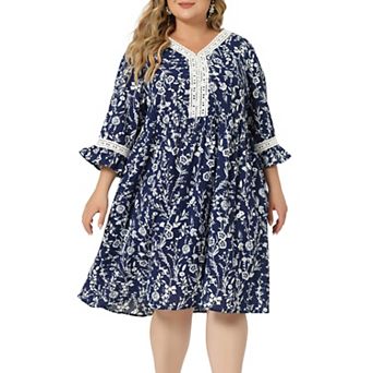 Women's Plus Size V Neck 3/4 Sleeves Lace Floral Babydoll Dress