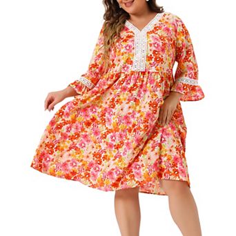 Women's Plus Size V Neck 3/4 Sleeves Lace Floral Babydoll Dress