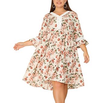 Women's Plus Size V Neck 3/4 Sleeves Lace Floral Babydoll Dress