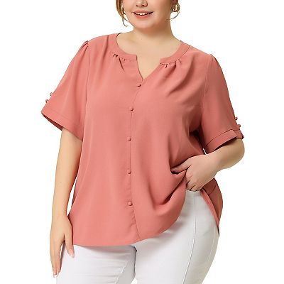 Button Down Shirts For Women Plus Size Dressy Ruched V Neck Short Sleeve Office Blouse Shirt Tops